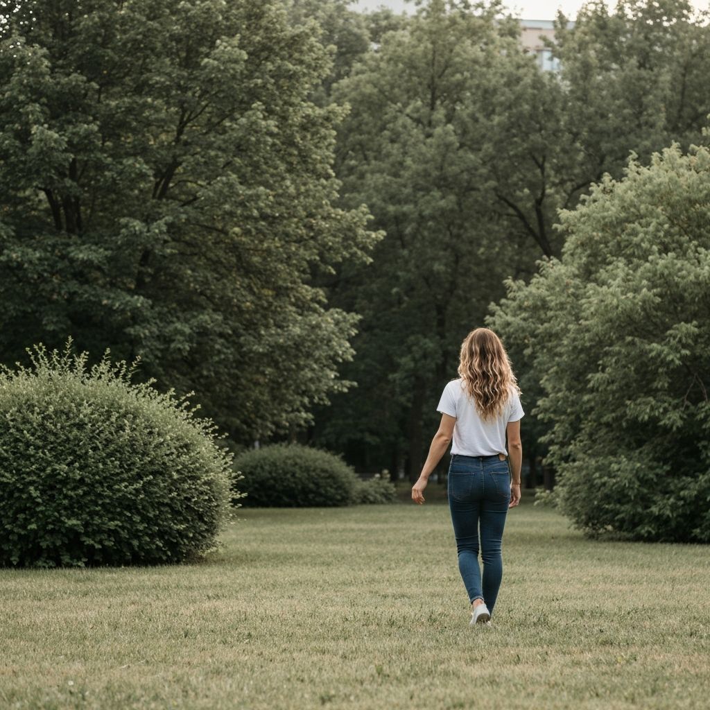 Person walking in urban park during morning hours