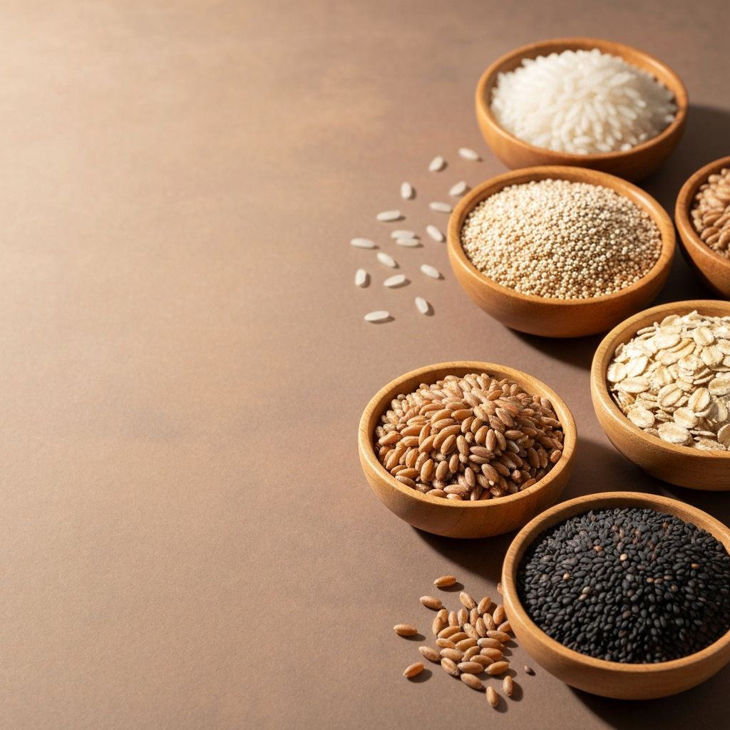 Various whole grains and seeds in wooden bowls