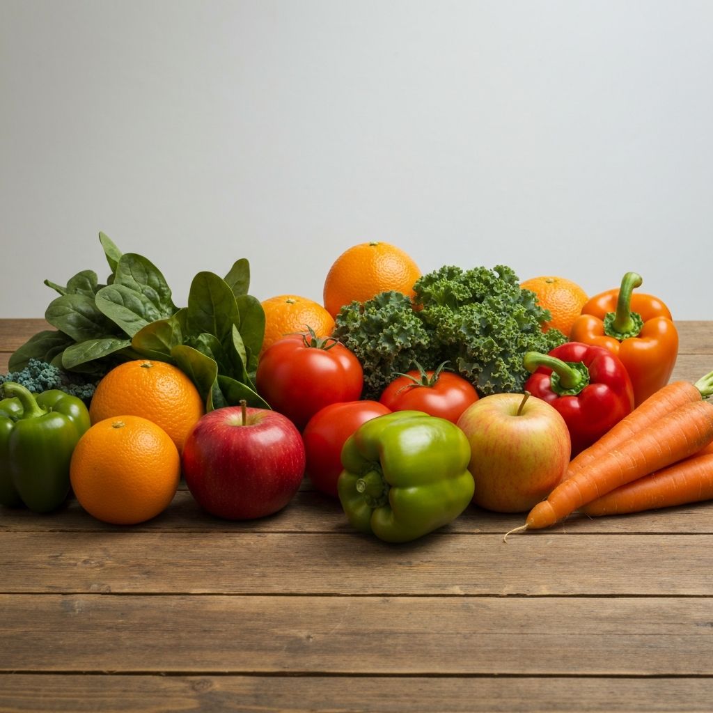 Fresh vegetables and fruits arranged on a wooden table