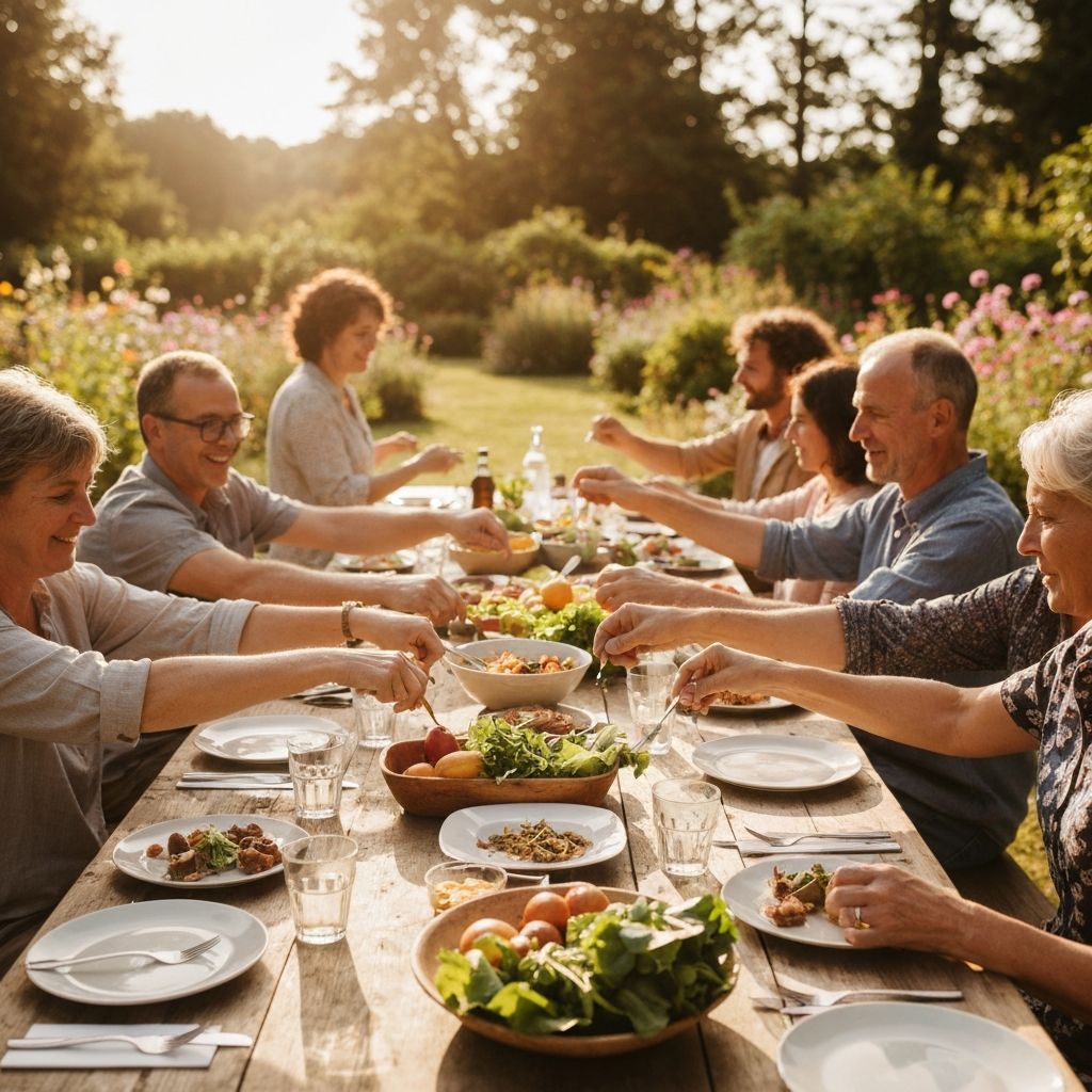 Community gathering with shared food in outdoor setting